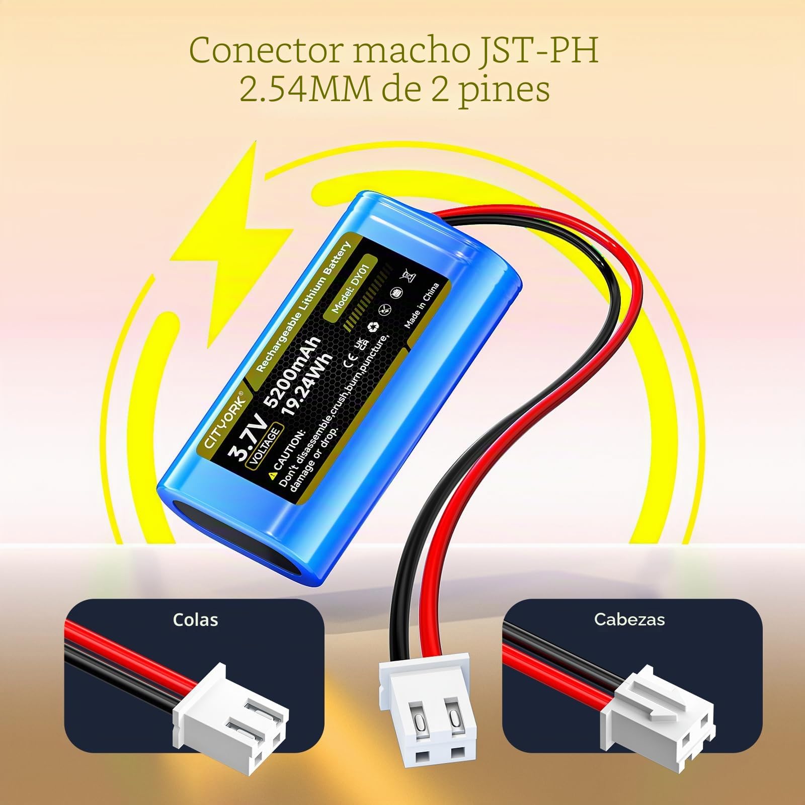 CITYORK (2-Pack) 3,7 V/5200 mAh XH2,54/2P Recargable Batería, para 3.7V Solar inalámbricas cámaras de vigilancia, Juguetes RC, Bluetooth, Amplificadores, Radio, iluminación, circuitos inalámbricos