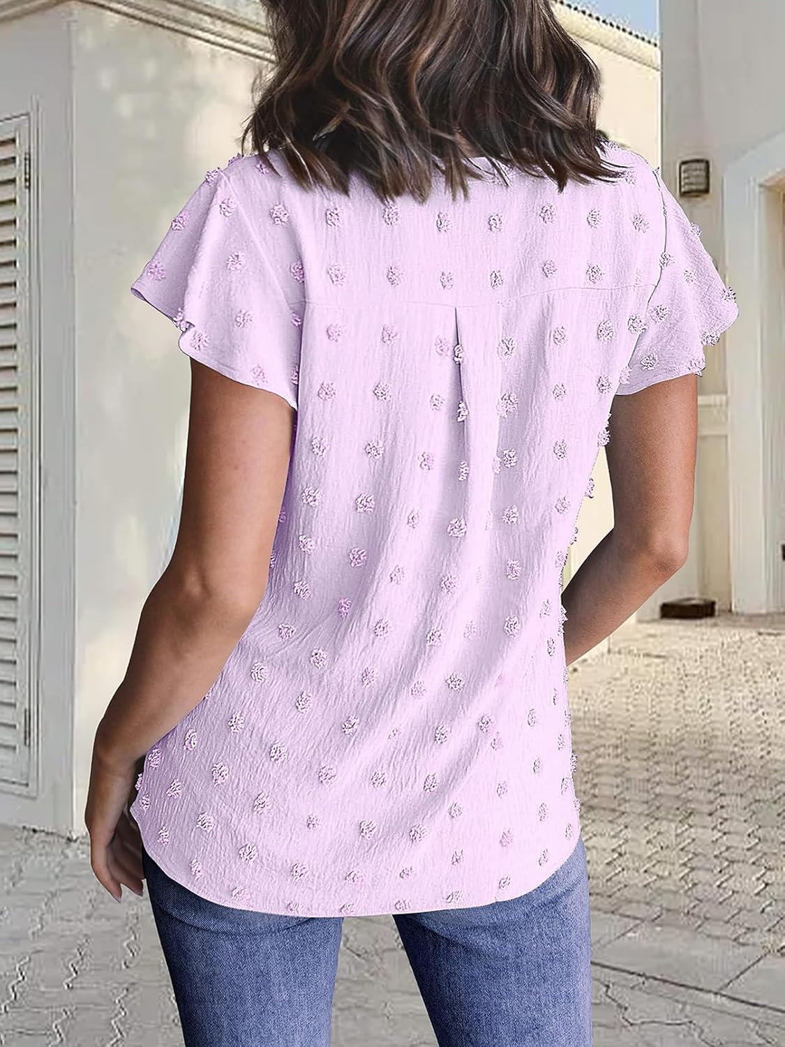 MEROKEETY Women's 2026 Spring V Neck Ruffle Short Sleeve Blouse Summer Swiss Dot Dressy Casual Flowy Shirt Tunic Top - Image 4