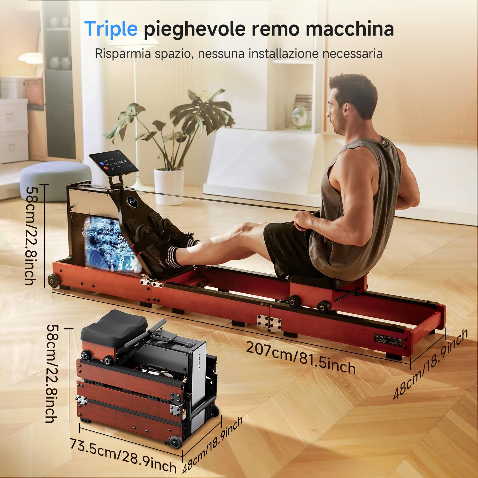 Vogatore Pieghevole per Casa, doppia Resistenza all'acqua e Resistenza Magnetica Macchina a Remi Vogator per Casa Fitness Allenamento