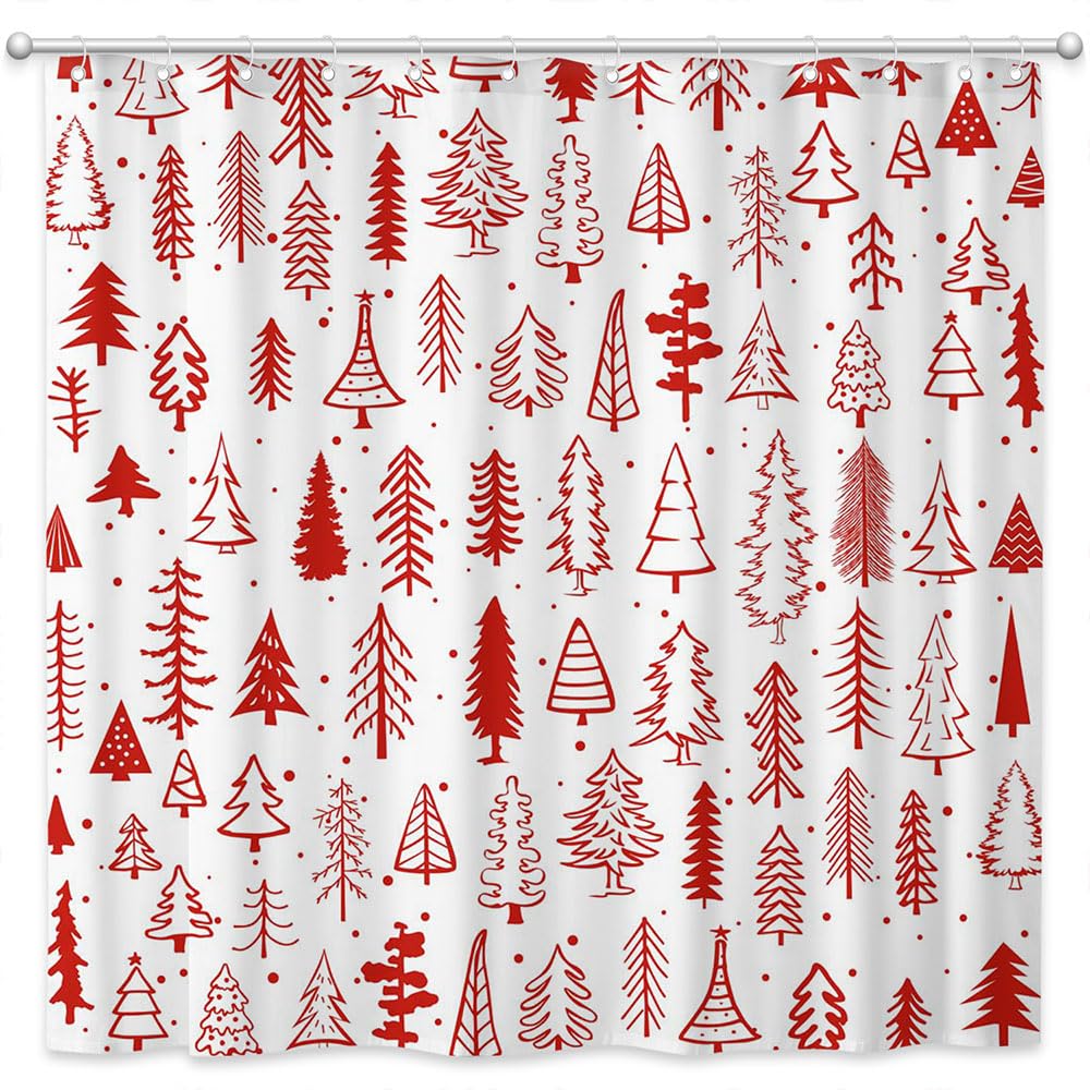 Joliaco Christmas Tree Shower Curtain Red and White Xmas Tree Bathroom Curtain Set Christmas Pine Tree Holiday Polyester Fabric Bathtub Decor with 12