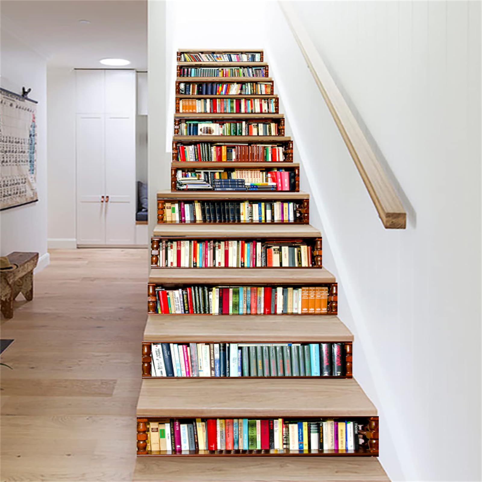FLFK 15Pcs 3D Retro Librería Escalera Risers Pegatinas Pelar y Pegar - Vinilo Autoadhesivo Removible Escalera Pegatinas Calcomanías para Hogar Oficina Decoración 39.3"x 7.08"