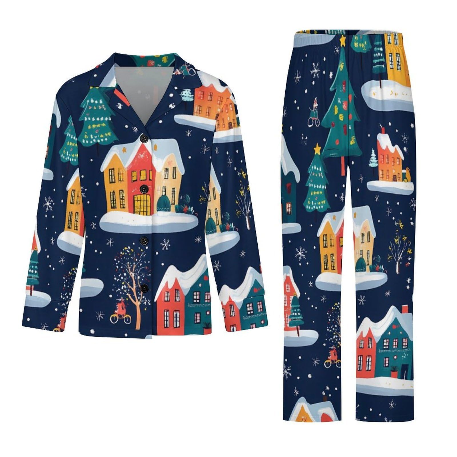 Conjunto de pijama casual de Navidad con diseño de casas coloridas para mujer, pijama de manga larga con botones, ropa de dormir