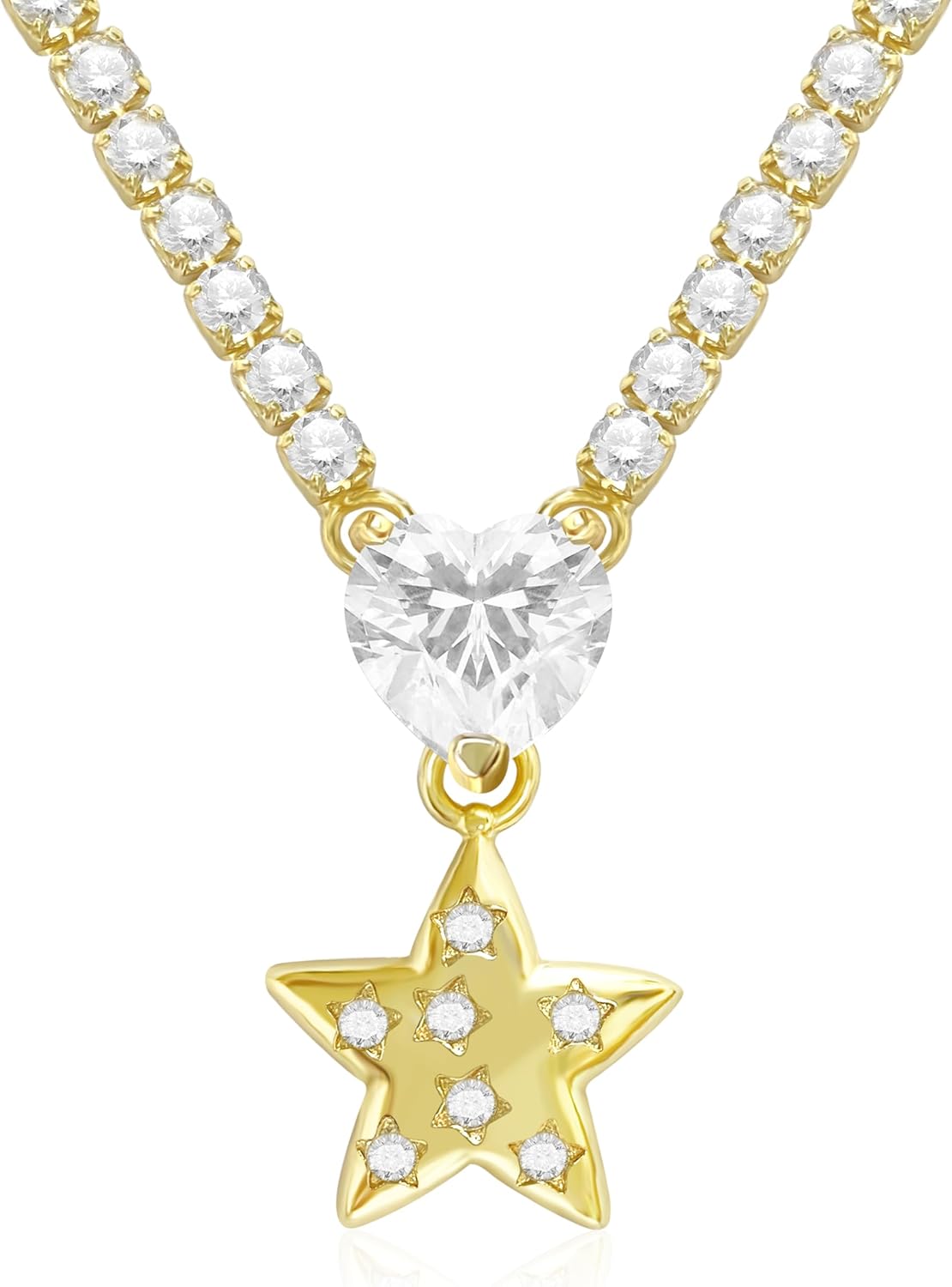Gold Necklace for Women Star Cubic Zirconia Pendant Dainty 14K Gold Plated Heart Pendant Necklace Adjustable Length CZ Necklace for Women, Fashion Jewelry