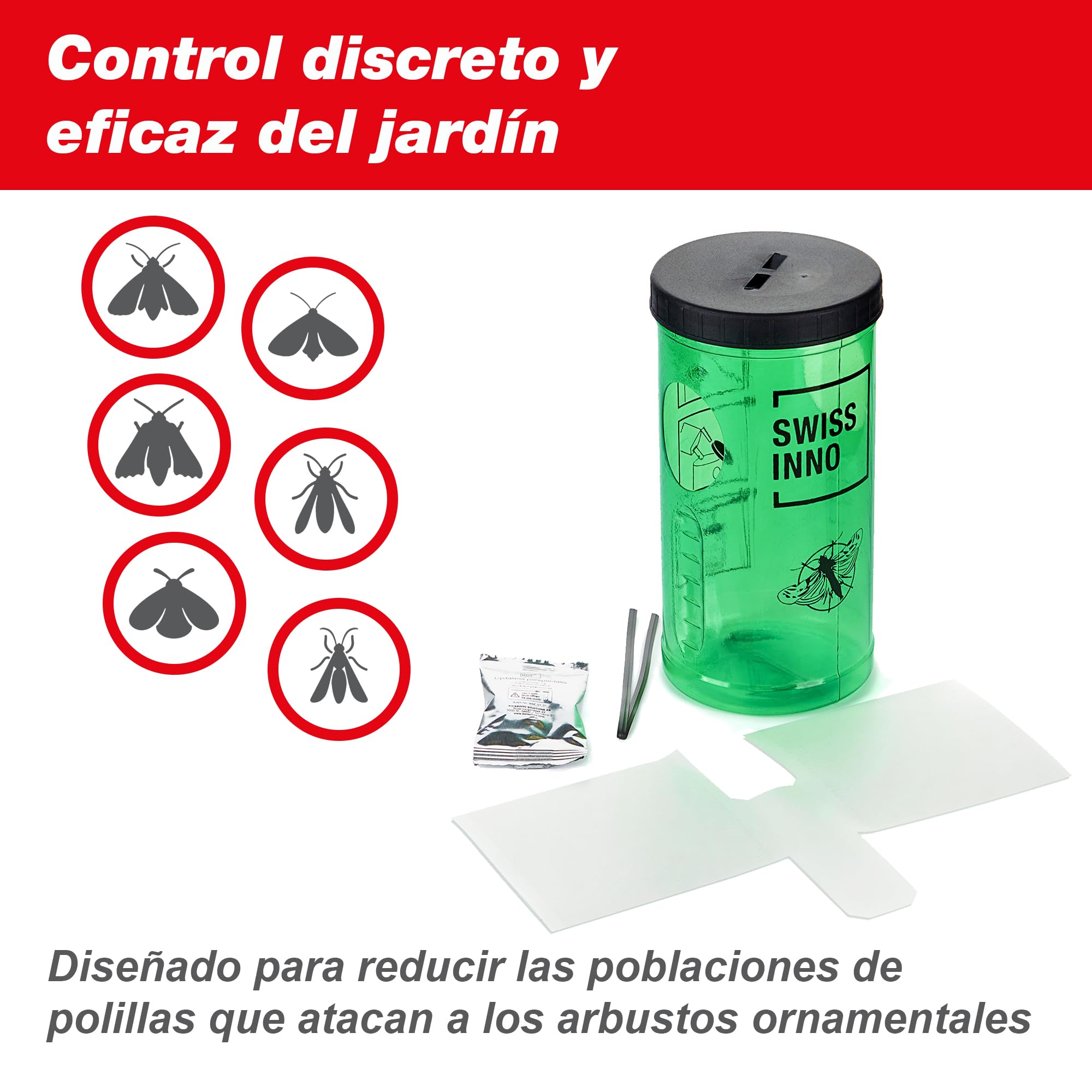 SWISSINNO Trampa para la Polilla del Boj – Control y Monitorización Eficaz – con Feromona y Cinta Adhesiva – Uso Exterior en Jardines, Setos y Arbustos – Reutilizable y Precisa