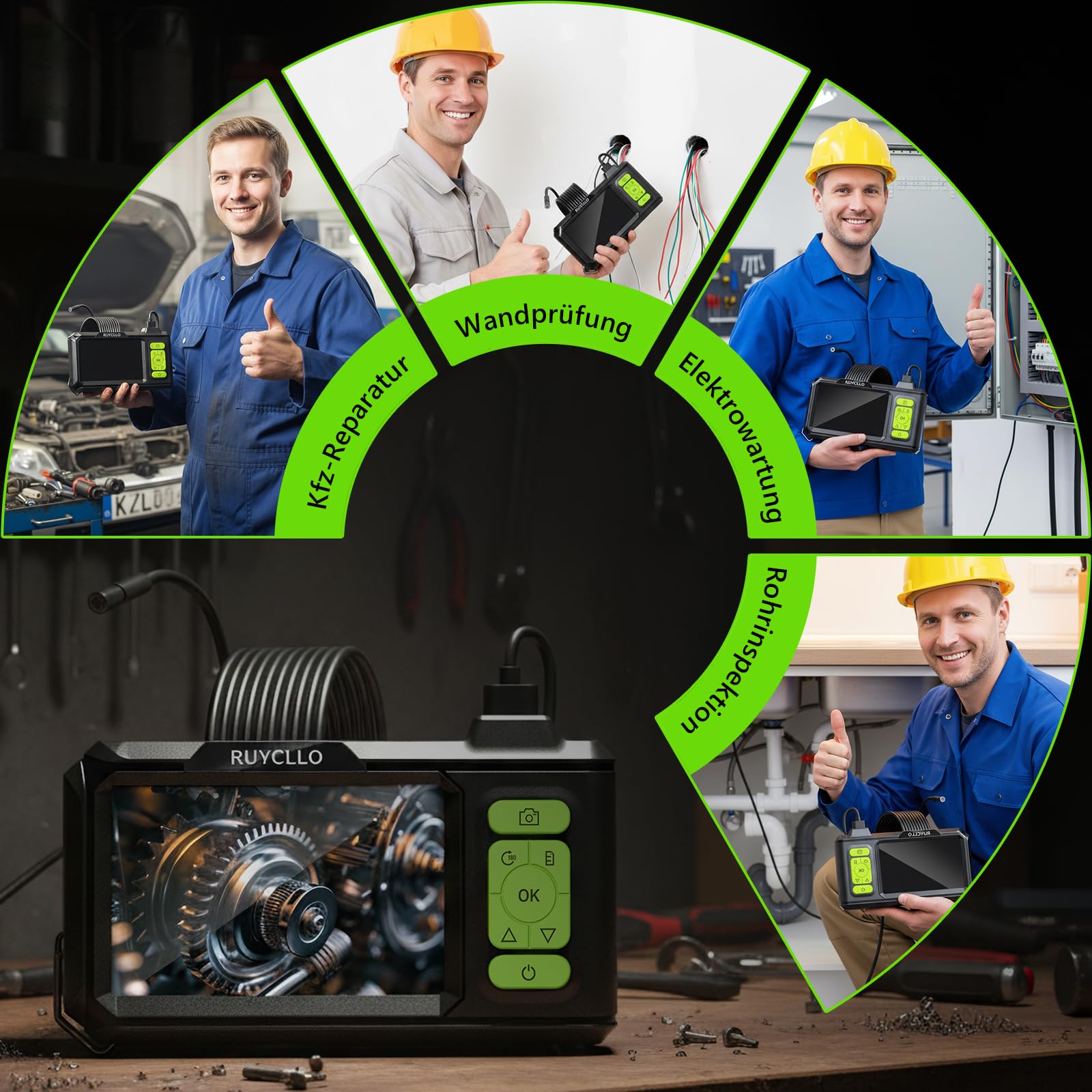 Endoskopkamera mit Licht 4.3" IPS Bildschirm – 1080P HD Inspektionskamera mit 8mm Kamera & 8 LED, IP67 wasserdichtes Endoskop mit 5M halbstarrem Kabel mit 32GB TF-Karte für KFZ Rohrleitungen Industrie