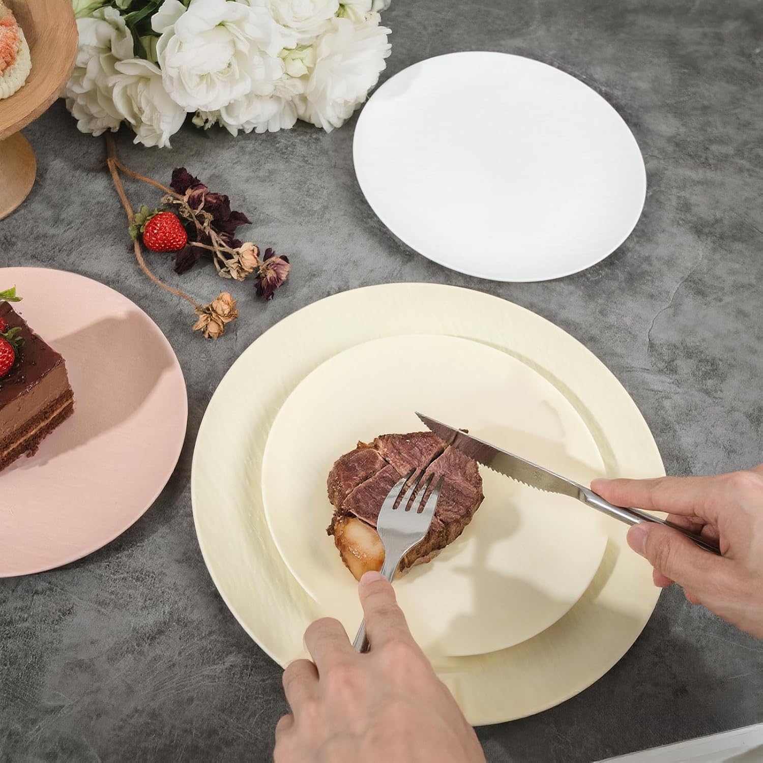 WONDERFUL 32pcs Heavy Duty Plastic Plates Reusable Unbreakable & Dishwasher safe Ivory Plastic Plates Dishes Set Reusable Plate Frosted Design Includes:16 Dinner 10" and 16 Dessert Plate 7.3"