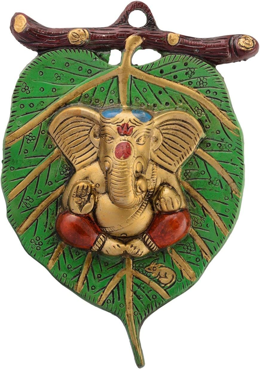 SATYA EXPORTS Metal Lord Ganesha in Red Dhoti on Green Leaf Wall Hanging