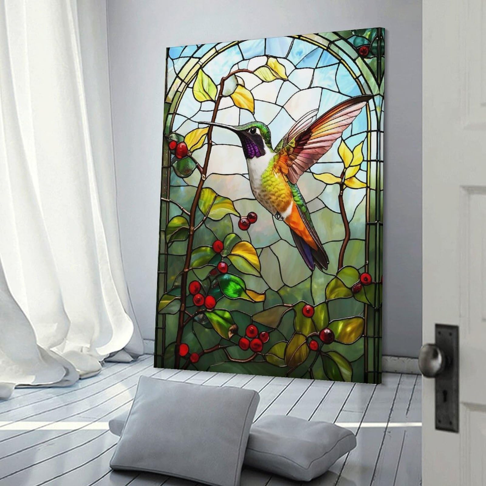 Junmoney Stained Glass Hummingbird Hanging Wall Art, 20x30inch(50x75cm), for Living Room, Bedroom, Office Or Hallway, Decorative Artwork with Broad Appeal