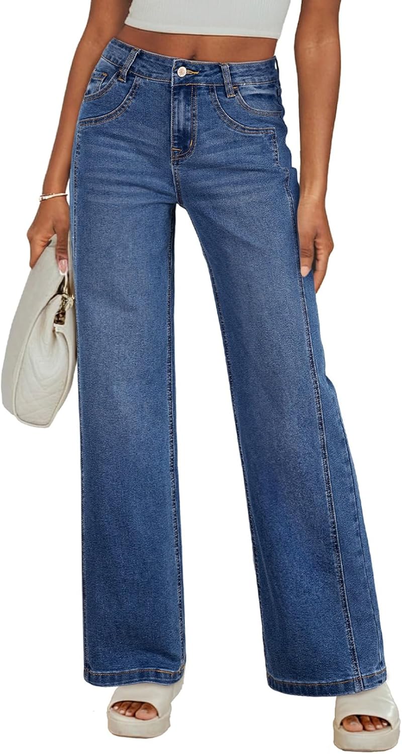 Sidefeel Women's Wide Leg Jeans High Waisted Stretchy Jeans Straight Leg Trendy Patchwork Loose Fit Denim Pants