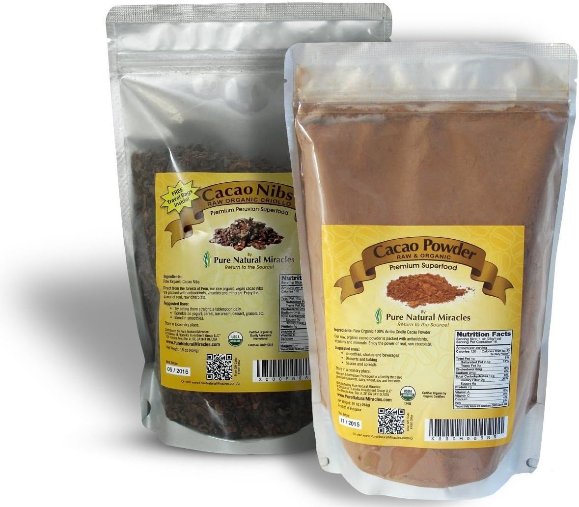 Pure Natural Miracles Cacao Nibs and Cacao Powder, Raw Organic