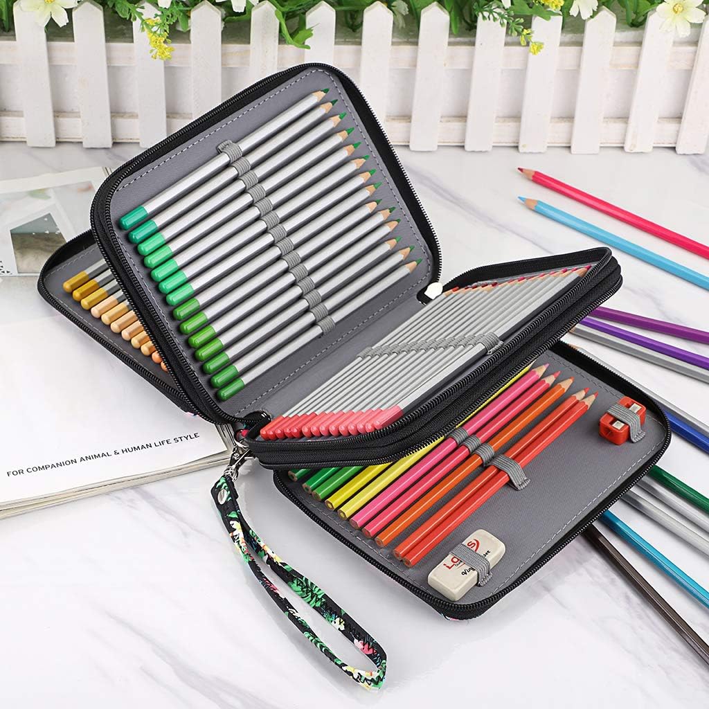 BTSKY Zippered Pencil Case-Canvas 72 Slots Handy Pencil Holders with Printing Pattern for Prismacolor Watercolor Pencils, Crayola Colored Pencils, Marco Pencils Flamingo Black