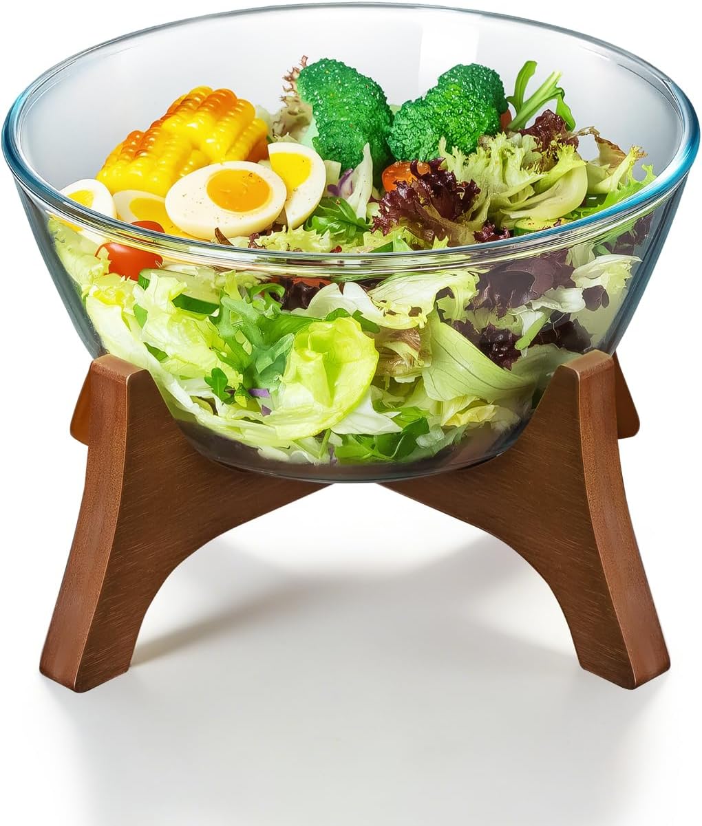 Buaic Large Glass Salad Bowl with Acacia Wood Base,5 L Decorative Glass Mixing Bowl Clear Borosilicate Glass Fruit Bowl and Trifle Bowl, Multifunctional Bowl for Popcorn,Chip, Bread,Snacks