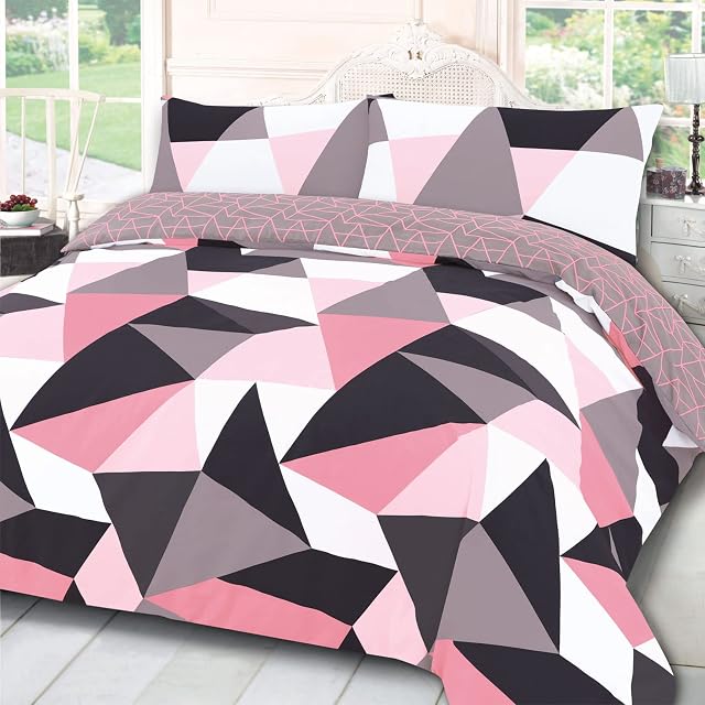Dreamscene Geometric Shapes Duvet Cover with Pillowcase Reversible Bedding Set, Blush Pink Grey Charcoal White, Single