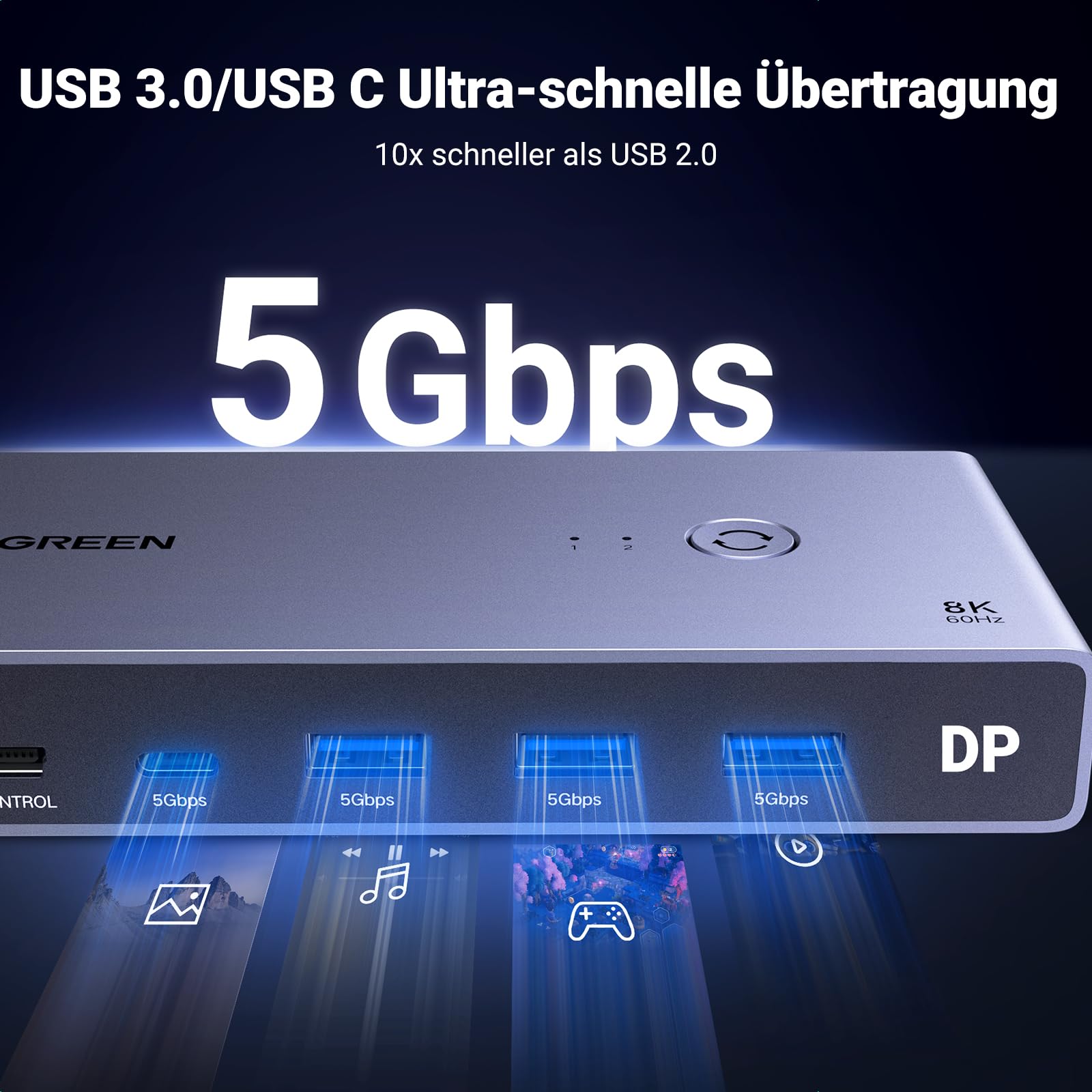 UGREEN Displayport KVM Switch 8K@60Hz, DP 1.4 mit 4 USB 3.0 Ports Unterstützt 8K@60Hz 4K@240Hz Share 1 Monitor Tastatur Maus U-Disk Drucker, mit 2 DP Kabeln, 2 USB A zu C Kabeln
