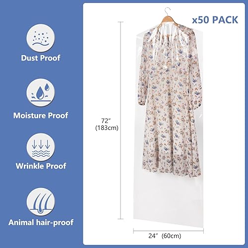 Miniatura 2 de Paquete de 50 bolsas de plástico extralargas de 72 pulgadas para ropa, a prueba de polvo, fundas de plástico transparente para colgar ropa, bolsas