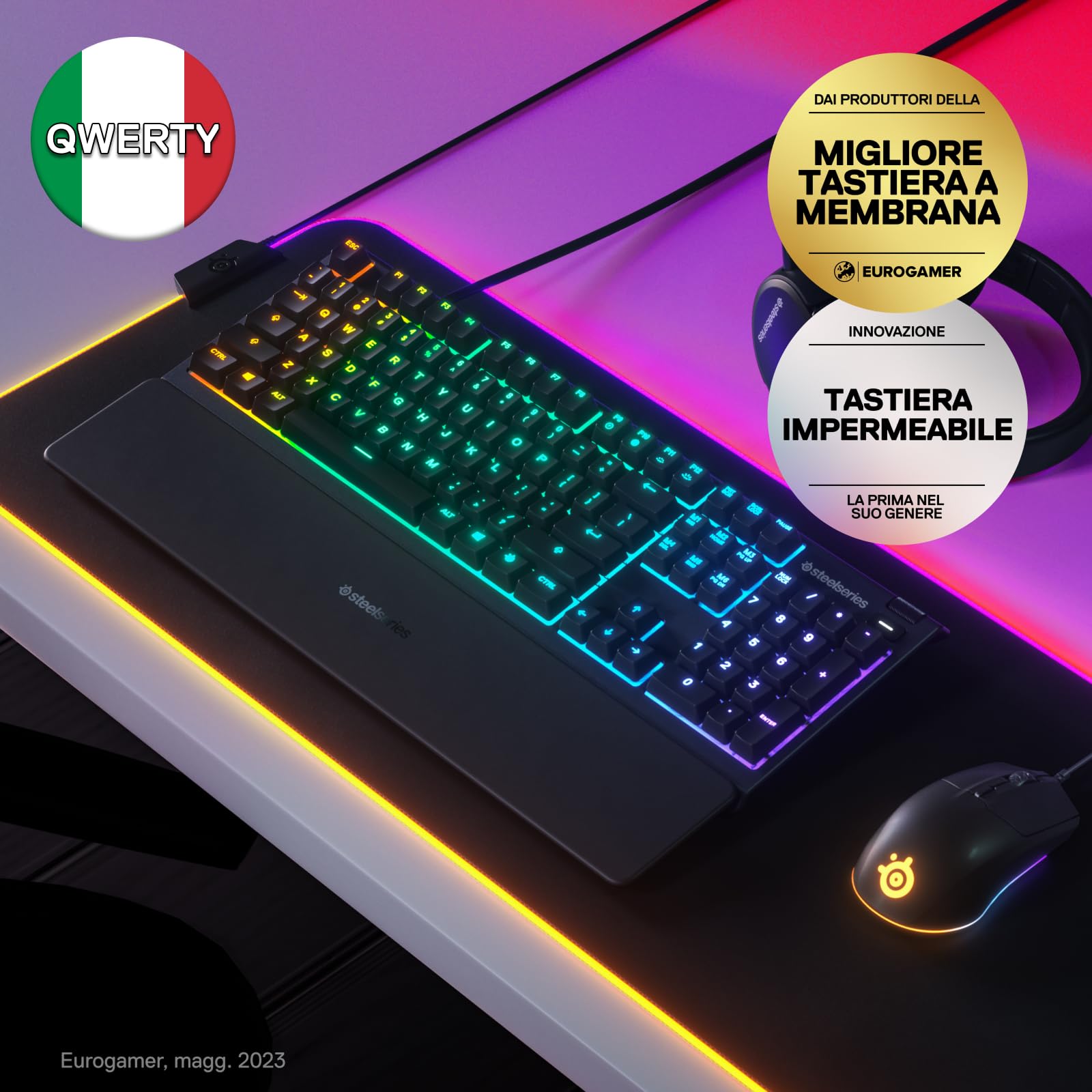 SteelSeries Apex 3 - Tastiera da Gaming RGB – Illuminazione RGB a 10 Zone – Poggiapolsi Magnetico di Alta Qualità – PC Layout Italiano (QWERTY)