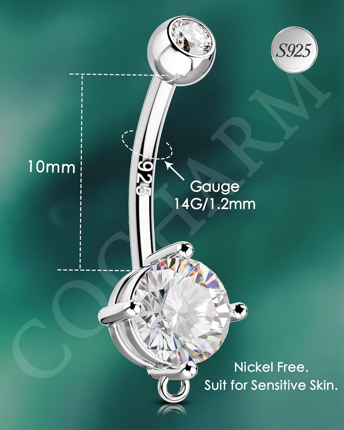 COCHARM 925 Sterling SIlver Belly Button Rings 14G 10MM Navel Rings for Women Surgical Steel Belly Button Piercing Jewelry