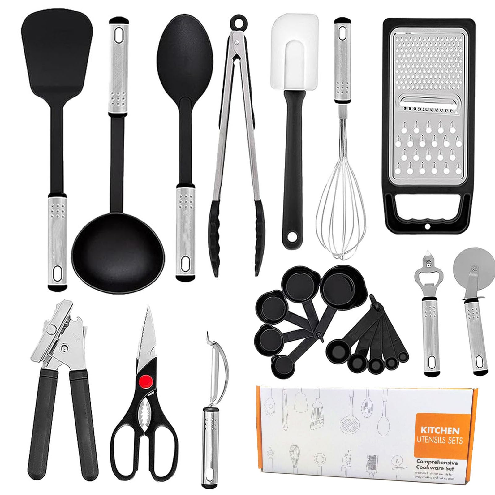 Kitchen Utensil Gadgets Set Cooking Utensils Set 23PCS Stainless Steel Kitchen Utensils Set Heat Resistant Kitchen Gadgets Cookware for Non Stick Pans (Black)