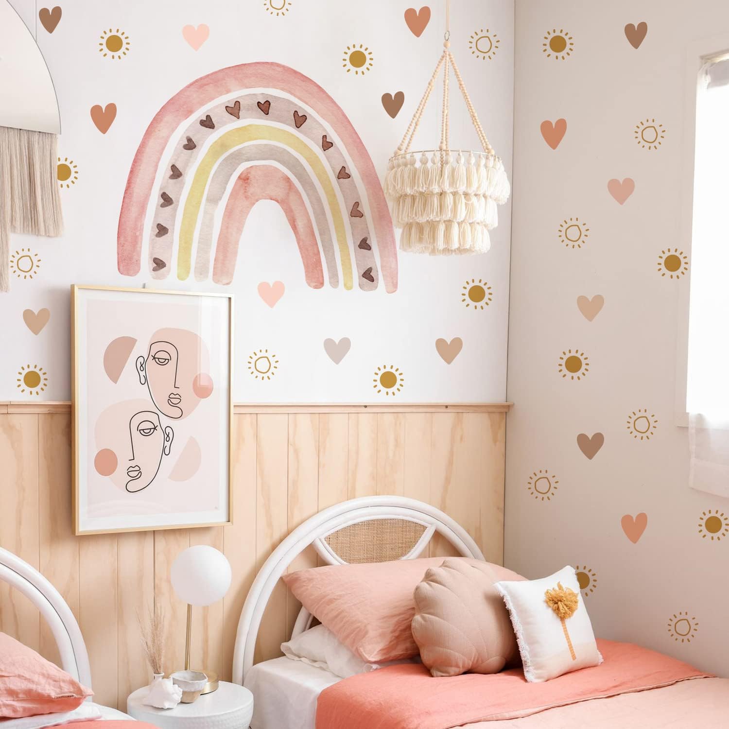 funlife Large Watercolor Rainbow Wall Decals Peel and Stick, Boho Yellow Sun Wall Decal Boho Heart Wall Sticker for Girls Bedroom Decor, Kids Nursery Room Sunrise Playroom Wall Art Decor Decal