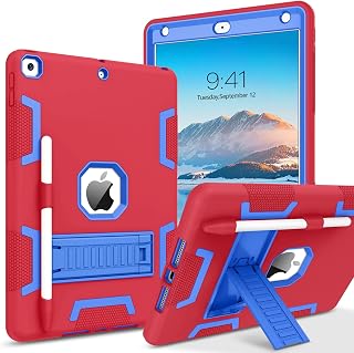 VENINGO iPad 9th Generation Case, iPad 8th Generation Case, iPad 7th Gen Case, iPad 10.2 2021/2020/2019 Case,3 in 1 Heavy Duty Rugged Shockproof Protective Cover with Stand Pen Holder, Red/Blue