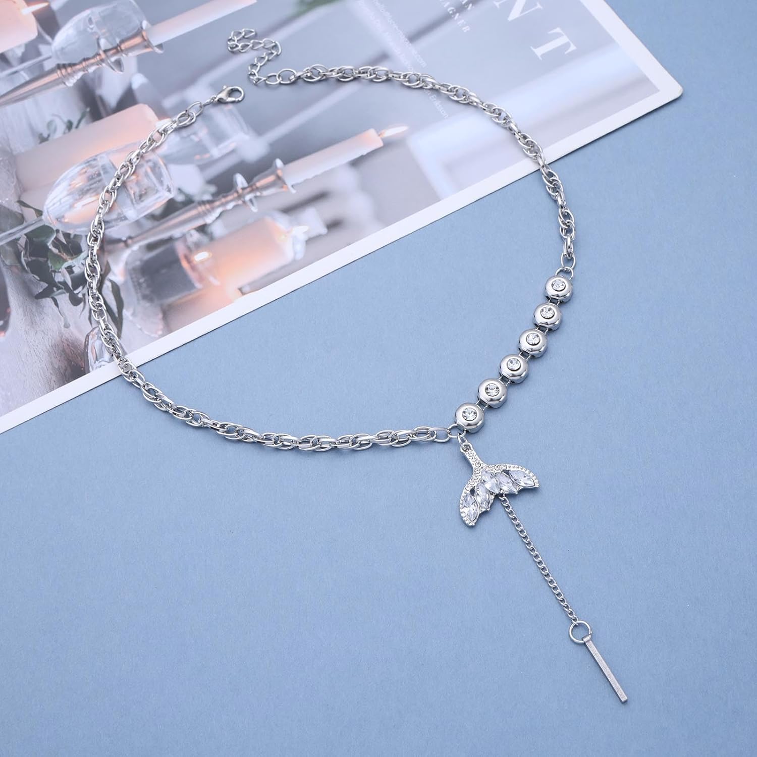Bohemian Crystal Fishtail Choker Necklace Silver Fishtail Y Lariat Necklace Rhinestone Mermaid Tail Pendant Necklace Cz Paved Mermaid Fishtail Collar Necklace Jewelry for Women - Image 4