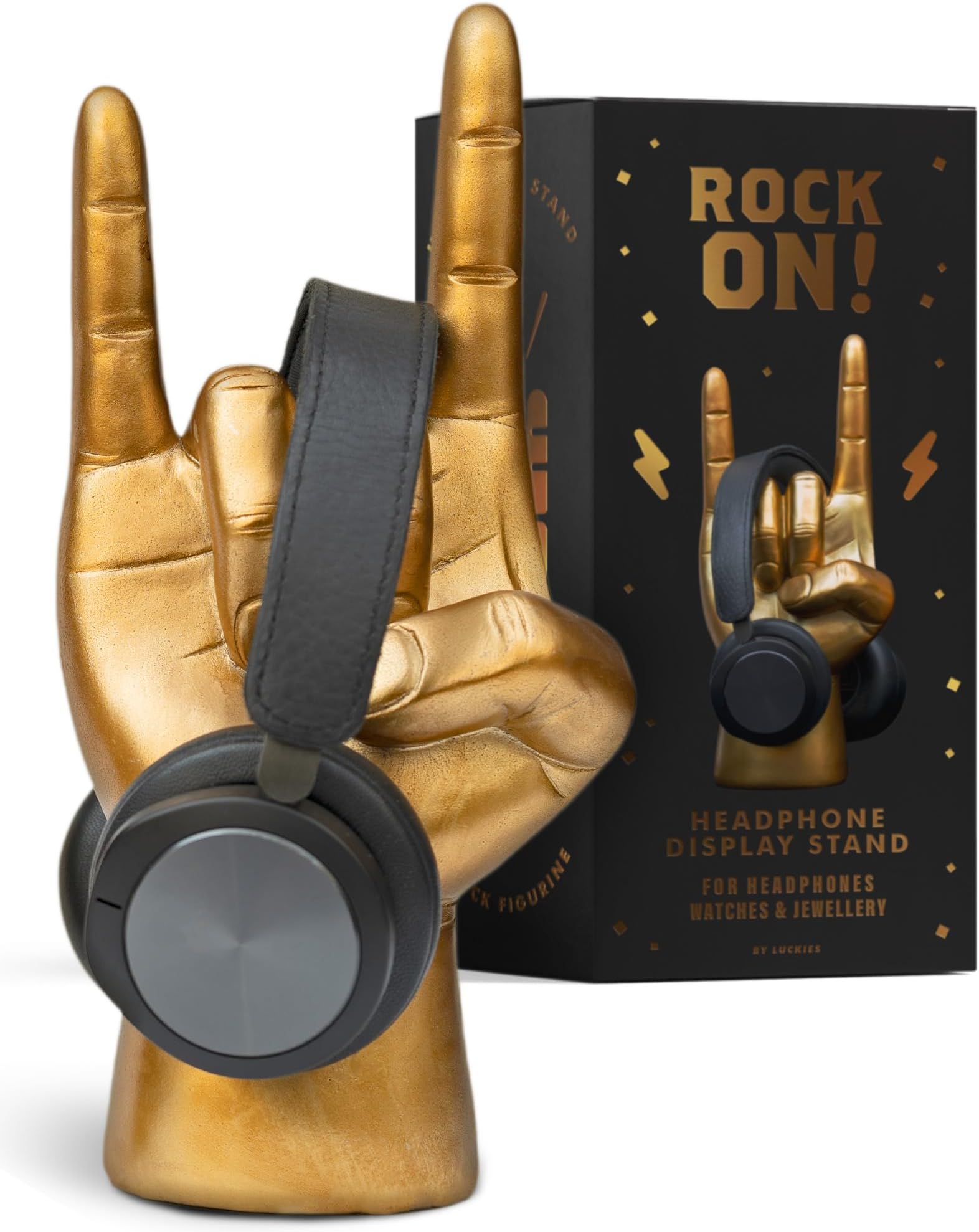 Luckies Headphone Stand | Headphone Holder | Rock On Hand | Headset Stand | Mens Jewellery Holder | Mens Desk Accessories | Controller Holders | Guitar Accessories | Desk Tidy | Dad Rock Gifts | Gold