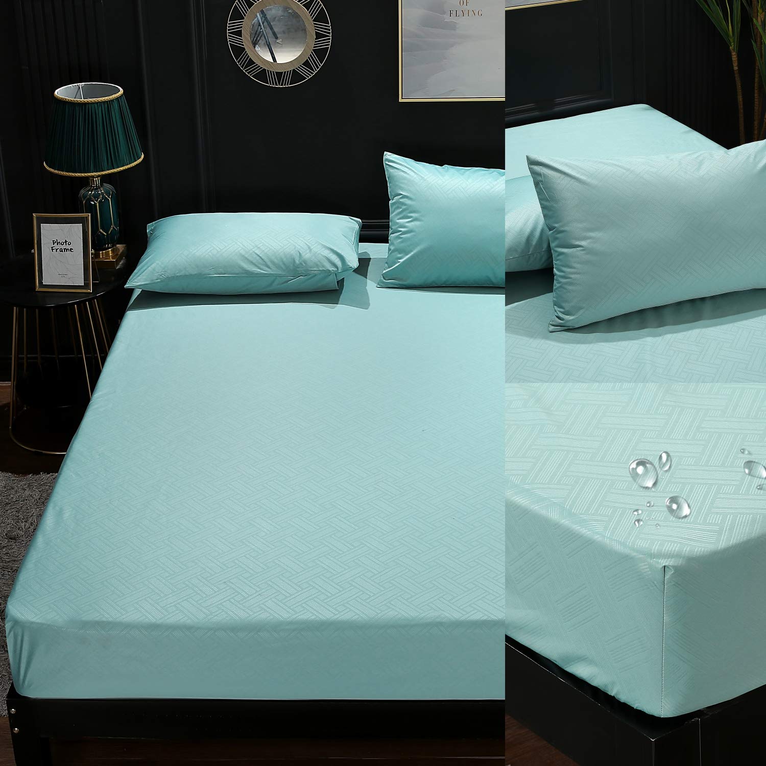 Yimi Satin Bed Sheet 1 Fitted Sheet & 2 Pillowcases, 3D Priting Embroidery Sheet 600TC Cotton, Luxury Soft Sateen TPU Waterproof Bed Cover Mattress Protector for Hotel Home Bedroom King Queen Size