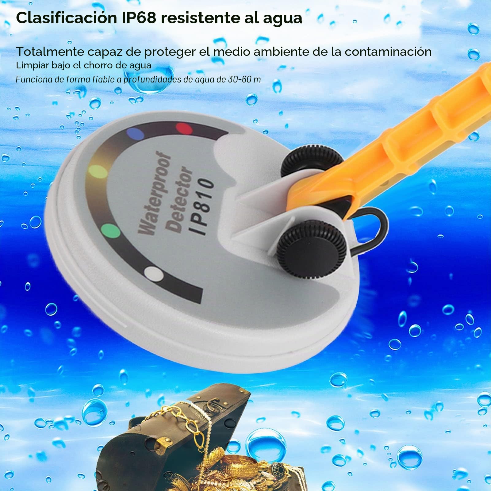 Detector de Metales Subacuático de Mano, Luz de Sonido y Modo de Alarma de Vibración, a Prueba de Agua para 30-60 Metros Bajo el Agua