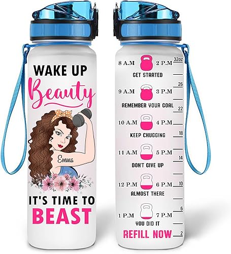 Hyturtle Botella de agua motivacional personalizada de Wake Up Beauty It's Time To Beast Fitness de 32 onzas, nombre personalizado con marcador de