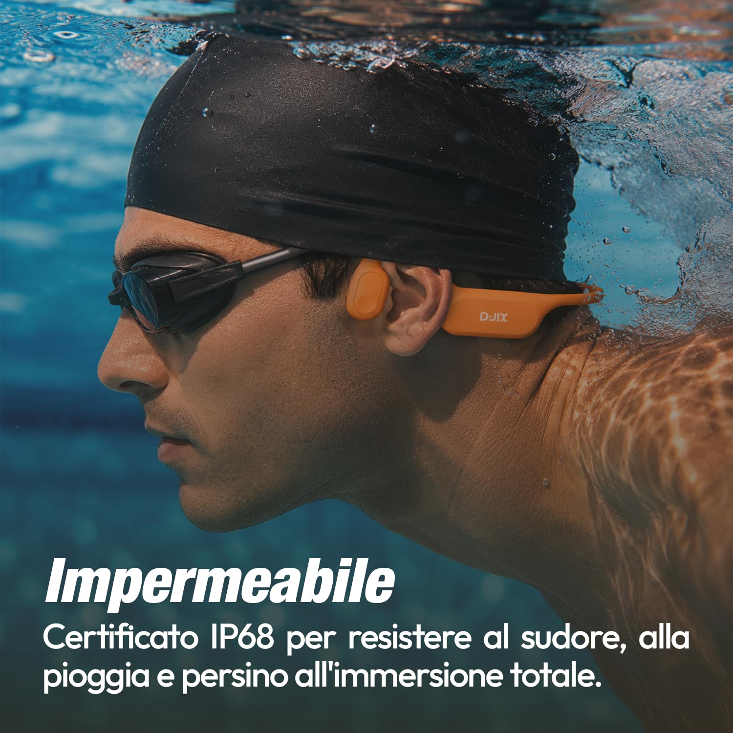 D-JIX Triton 600 - Auricolari Bluetooth 6.0 e MP3 32 GB | Impermeabile IP68 | Autonomia 15h | Ricarica Rapida | Microfono Integrato | Ideale Sport & Lavoro (arancione)