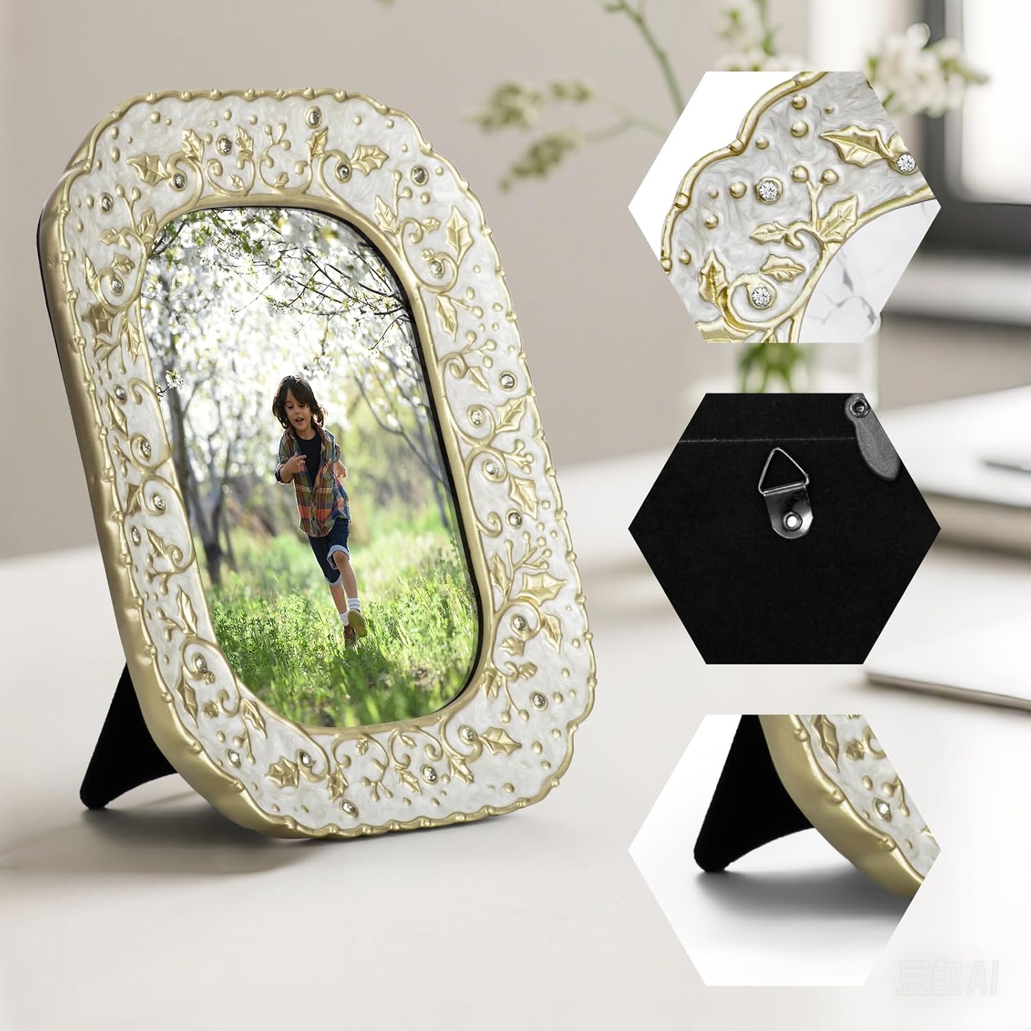 Christmas 5 x 7 Picture Frame Holiday Design Winter Style Resin Photo Frame with High Definition Glass Antique Display Holder for Tabletop Wall Hanging (White)