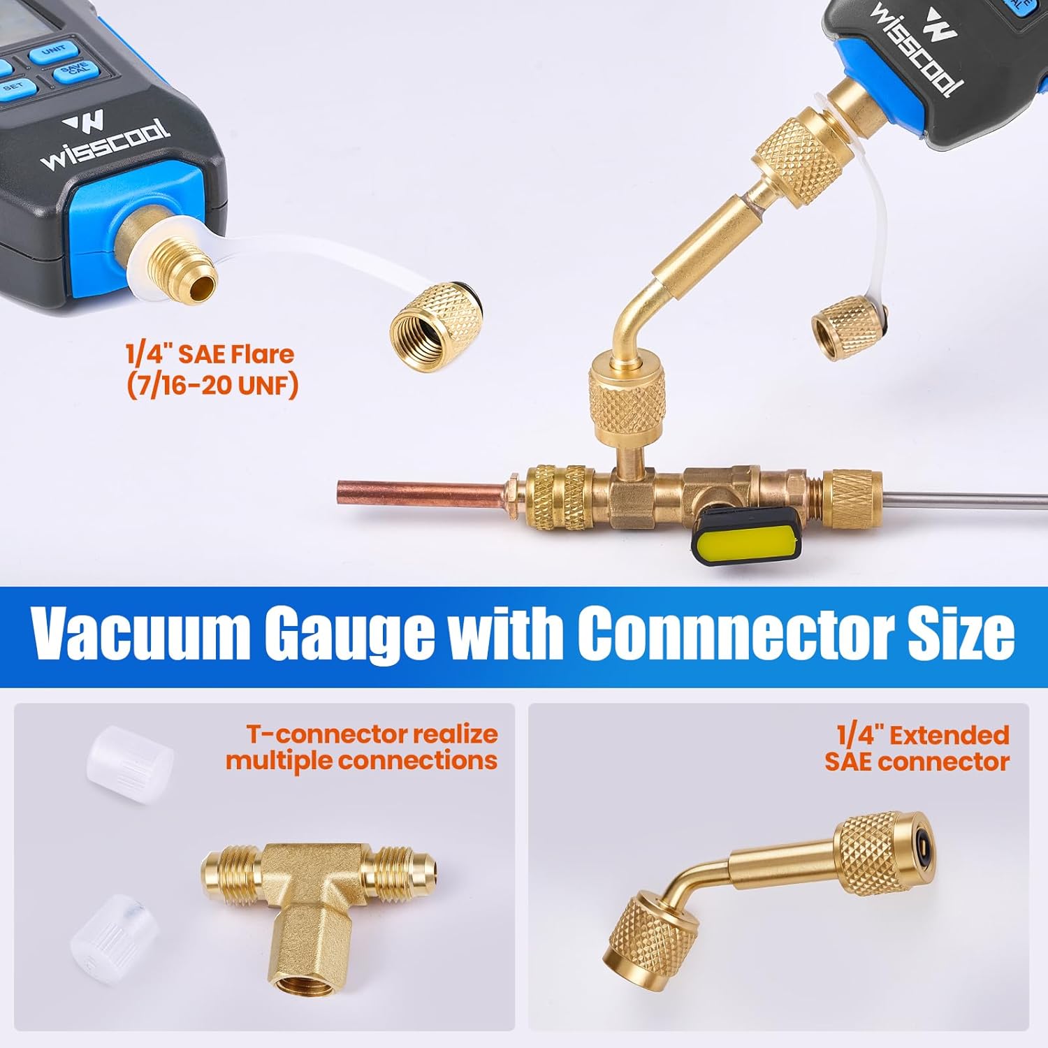 WISSCOOL Digital Micron Vacuum Gauge, Digital Pressure Tester Meter HVAC, LCD Display, Alarm Notice, Temp Compensation, 7/16 inch-20 UNF, 1/4 inch SAE Extension Connector Fitting-Blue(4 Units)