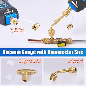 WISSCOOL Digital Micron Vacuum Gauge, Digital Pressure Tester Meter HVAC | LCD Display, Alarm Notice, Temp Compensation, 7/16 inch-20 UNF, 1/4 SAE Extension Connector Fitting-Blue(4 Units)