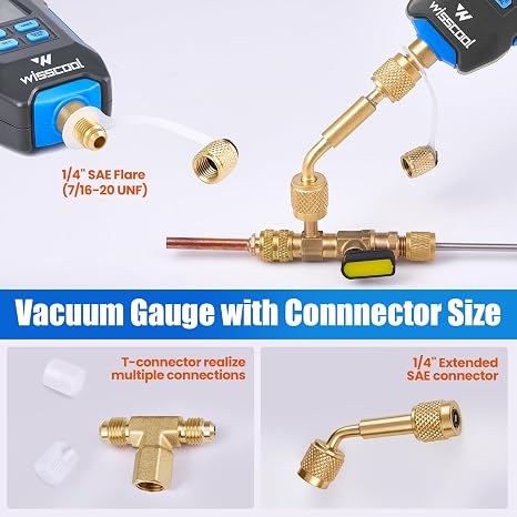 WISSCOOL Digital Micron Vacuum Gauge, Digital Pressure Tester Meter HVAC | LCD Display, Alarm Notice, Temp Compensation, 7/16 inch-20 UNF, 1/4 SAE Extension Connector Fitting-Blue(4 Units)