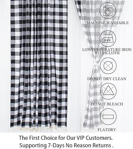Miniatura 6 de ShinyBeauty Cortinas a cuadros de búfalo negro, 2 paneles de 84 pulgadas de largo, cortinas a cuadros de granja, cortinas de algodón con borlas y