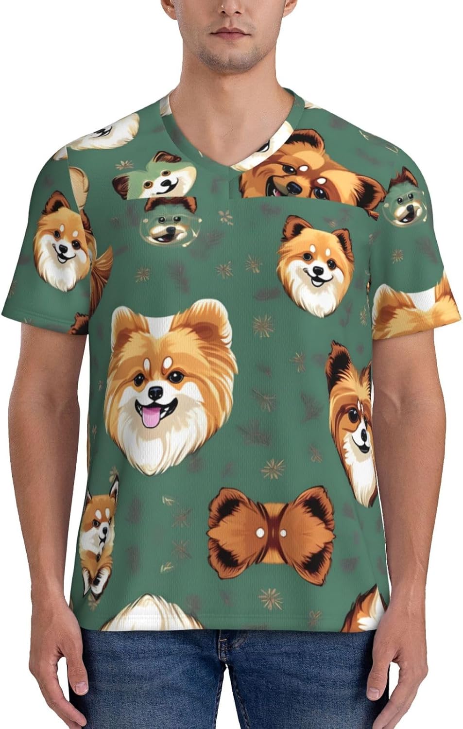 Pomeranians Pattern Rugby Football Jersey for Men, Comfortable V-Neck Loose Fit Top for Team Sports Athletics