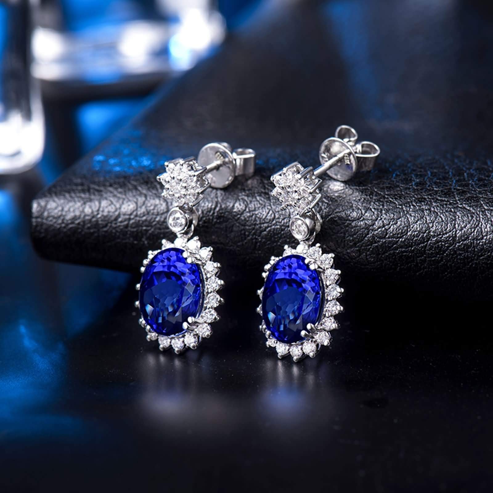 Epinki 18K Weißgold Ohrringe Hängend, Glanz Blume Ohrschmuck mit Tansanit 4.87ct Blau, Geschenk für Geburtstag, Weiß Gold