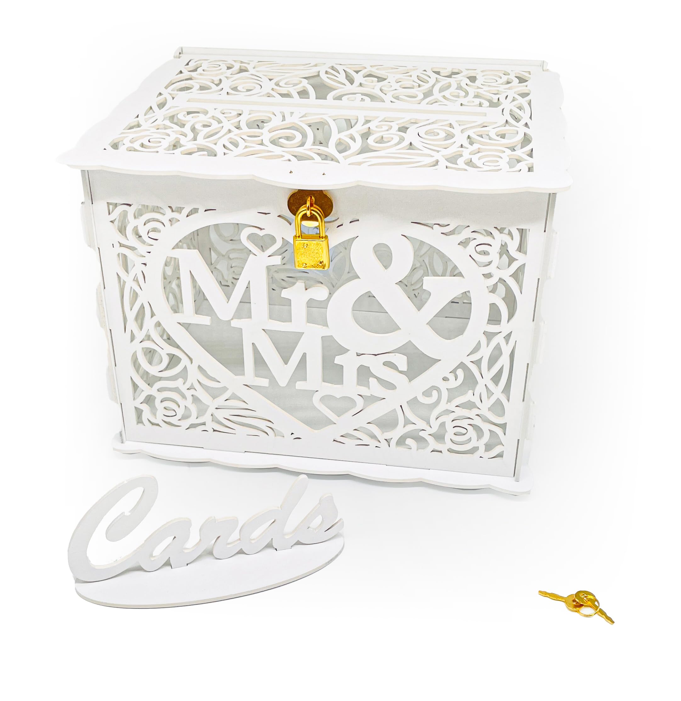 Scatola per carte regalo per matrimonio, vintage, grande, in legno, per carte di credito, denaro, con fessura per matrimonio, compleanno, bianco (bianco)