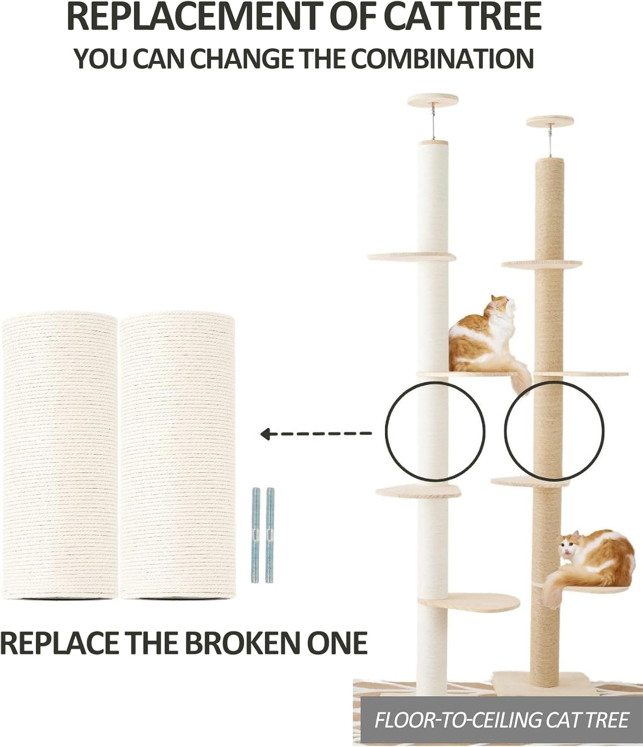review PVC Scratching Post Cotton Rope Columns for Floot to Ceiling Cat Trees, Length 20cm 7.87in