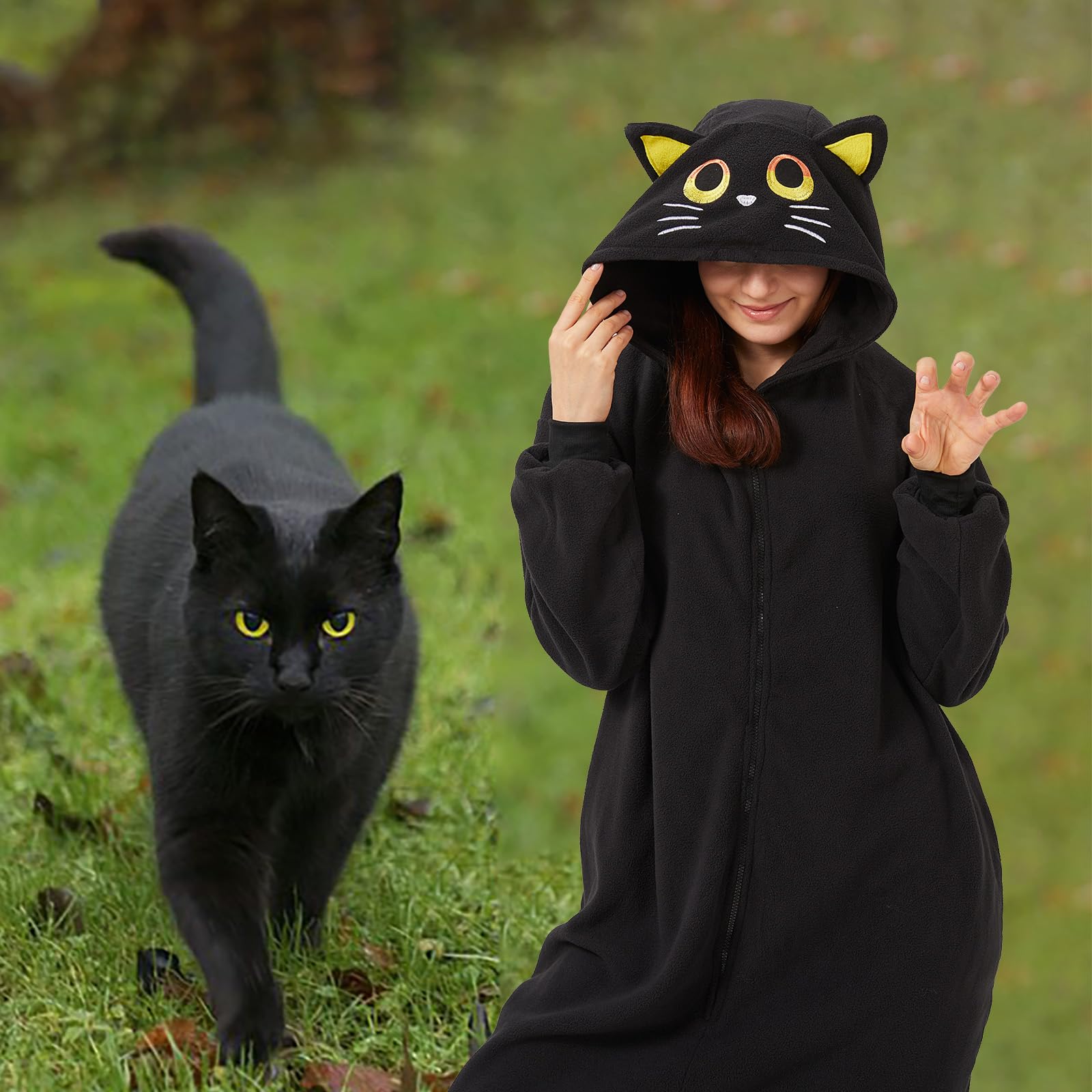 Pijamas de gato negro acogedor para adultos, disfraz de Halloween de una pieza, ropa de dormir de Navidad