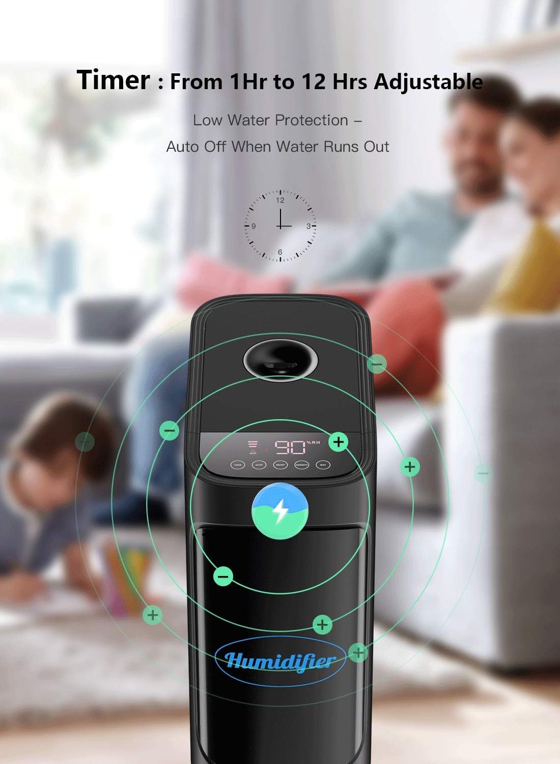 Humidifier with a timer function set, showing a family in the background.