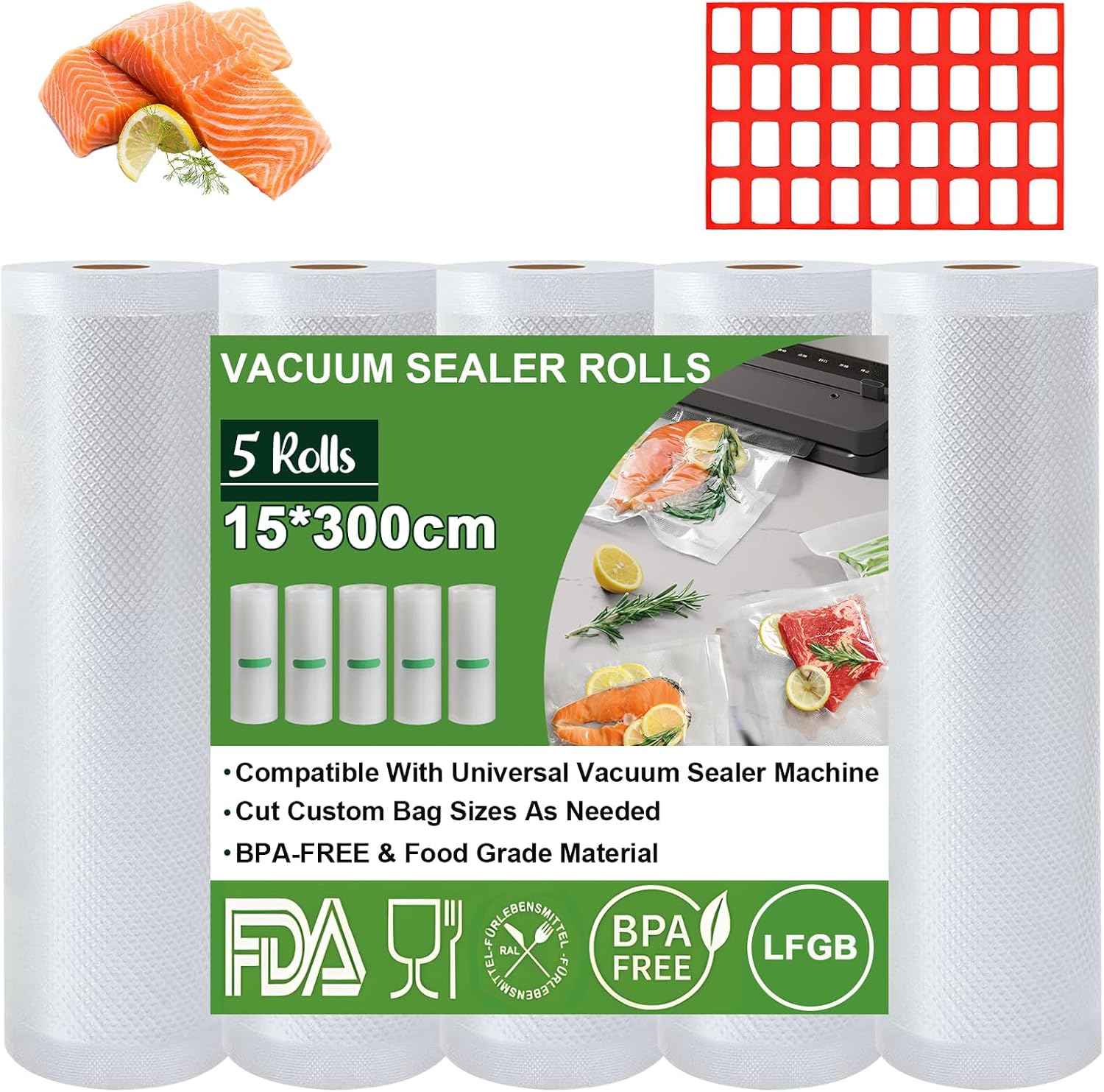 Vacuum Bags Food 5 Rolls Vacuum Film 15 x 300 cm / Roll Vacuum Sealer Bags BPA-Free Tear-Resistant 190  m Vacuum Film Roll for Vacuum Sealers Microwaves and Sous Vide