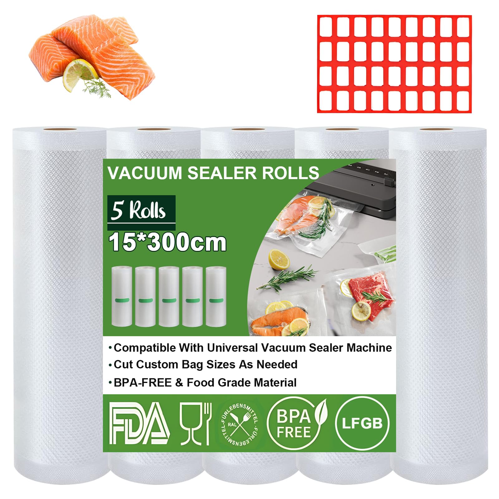 Omtofo Vacuum Sealer Bags, 5 Rolls Vacuum Film, 15 x 300 cm / Roll Vacuum Bags Food, BPA-Free, Tear-Resistant, 150 µm, Vacuum Film Roll for All Vacuum Sealers, Microwaves and Sous Vide