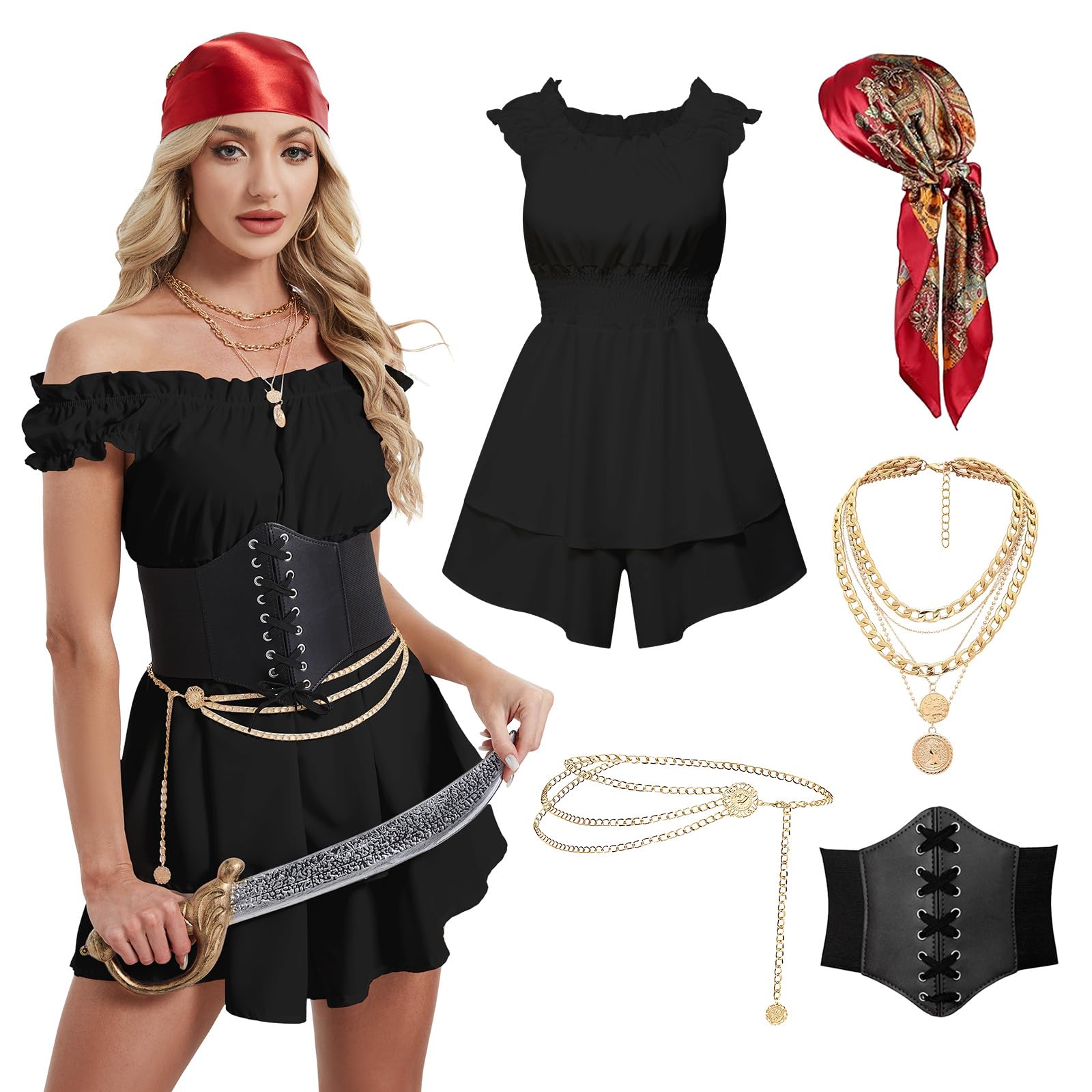 QEKFDOV Pirate Costume Adult Women,Medieval Pirate Costume Set with Dress Headscarf necklace waist chain Corset Belt,for Renaissance Halloween Carnival Party (Black, S)