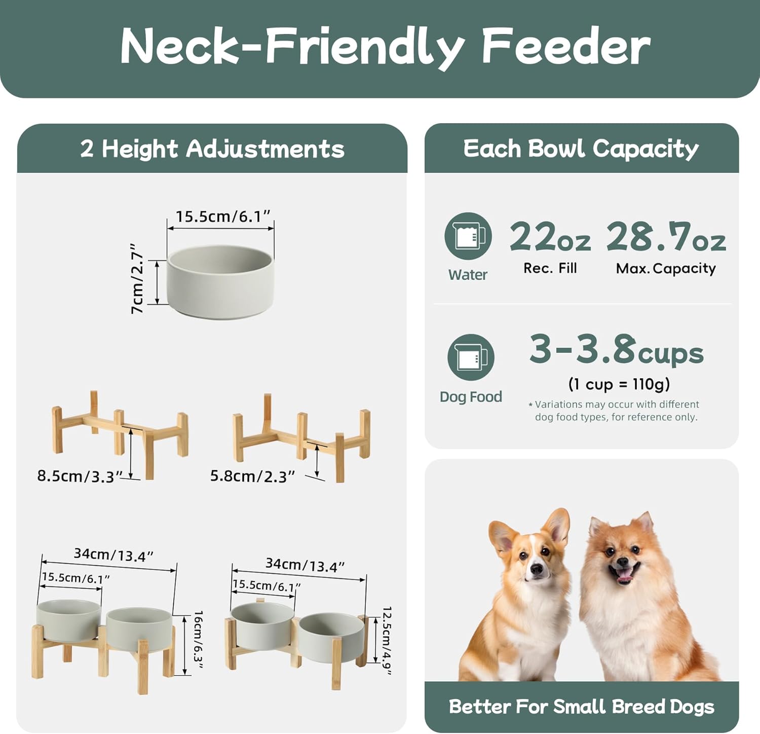 Ceramic Raised Double Bowls Set with Stand, 2 Heights Elevated, Food & Water Bowls for Small Breed Dogs, Weighted Dog Dishes, Pet Bowl(6.1'',28.7oz, Grey) - Image 2