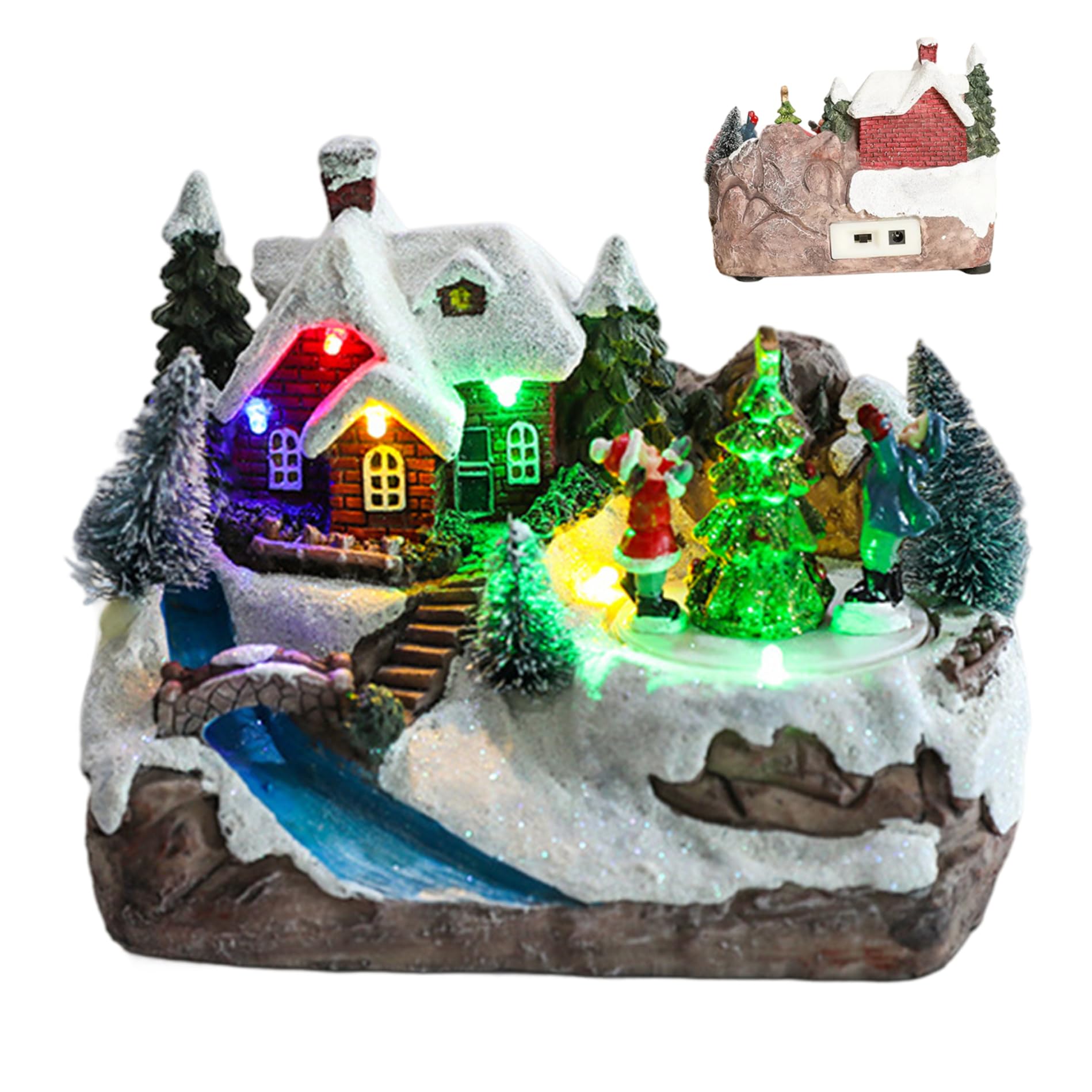 CAKEEYUM Musical Christmas Village House, Resin Electric Christmas Village Figurines with Spinning Xmas Tree & LED Light for Home Party, USB/Battery(No Battery) Spinning Tree