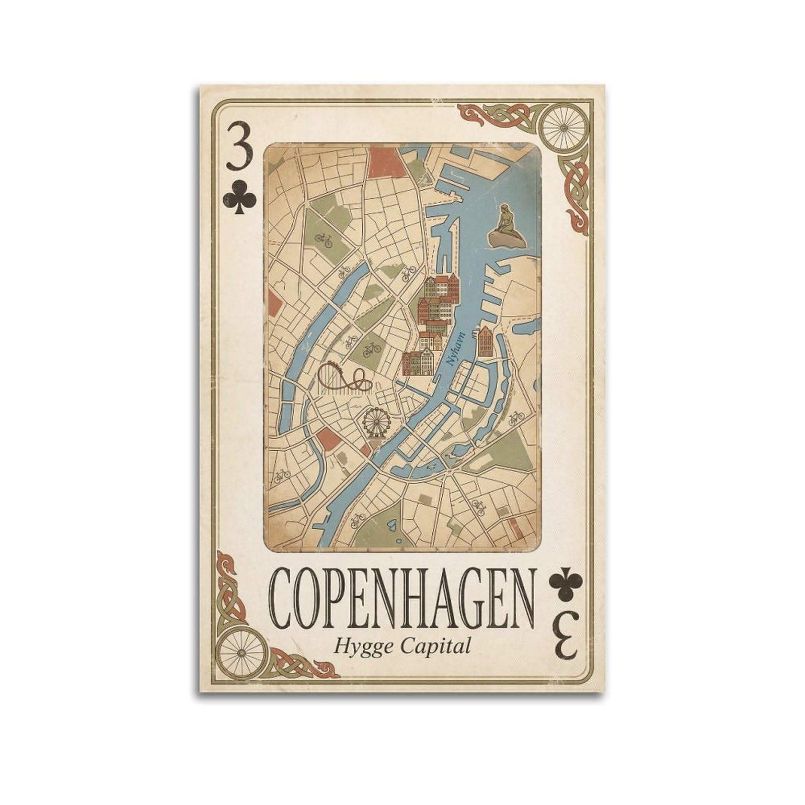 OKNGB Vintage City Map Poster Copenhagen Nyhavn Harbor Playing Card Style Decorative Painting Canvas Art Picture 12x18inch(30x45cm)