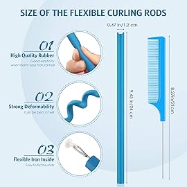 Syhood 30 Pcs Flexible Curling Rods 9.45 Twist Foam Rollers Soft Foam No Heat Hair Rods Rollers and 1 Steel Pintail Comb Rat Tail Comb for Women Long Short Hair(Blue,9.45 x 0.47 Inch)
