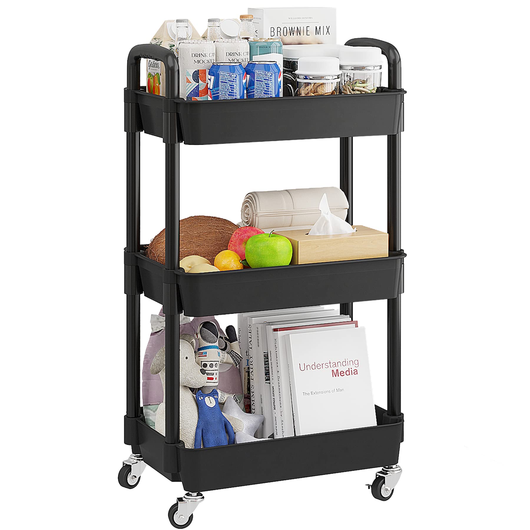 UDEAR 3-Tier Rolling Utility Cart with 12 Category Labels,Multifunctional Storage Shelves with Handle and Lockable Wheels for Room,Office,Kitchen,Bathroom,Black