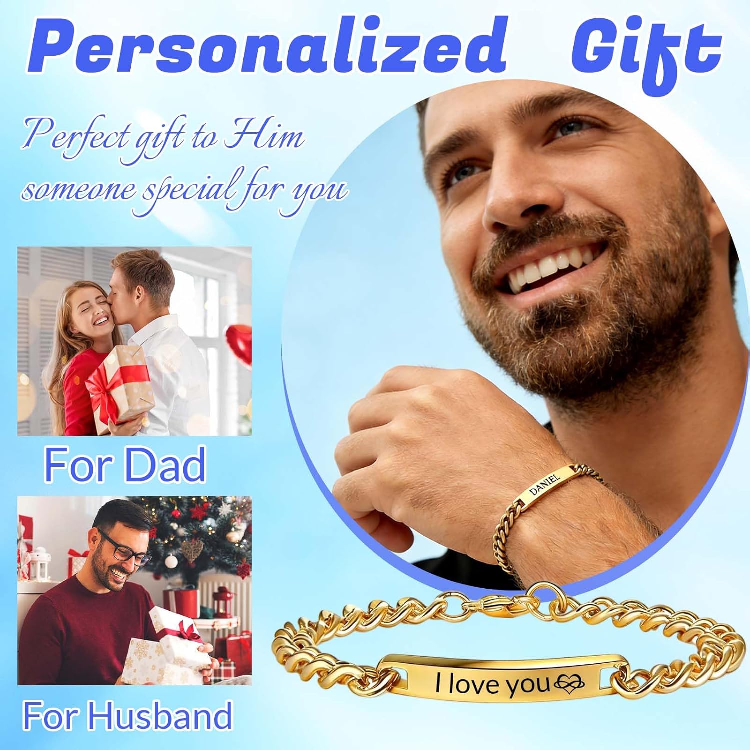 HJX Custom Name Bracelet for Men Dad, 18k Gold Plated Personalized Engraved ID Name Bracelets Gift for Him Father's Day - Image 7